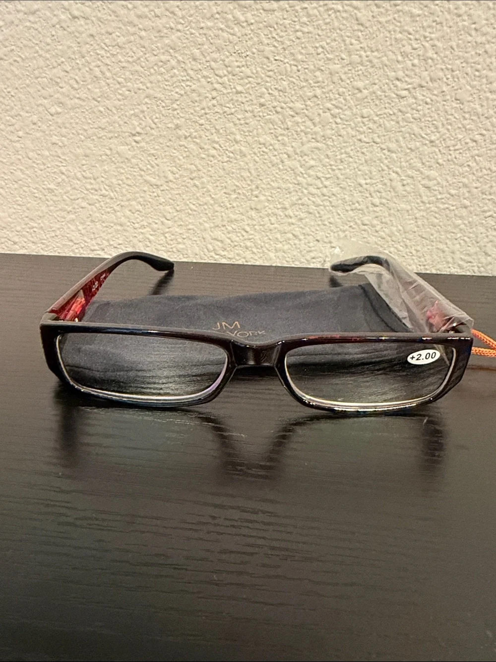 JM York Women’s Reading Glasses – Black with Red Temples, +2.00